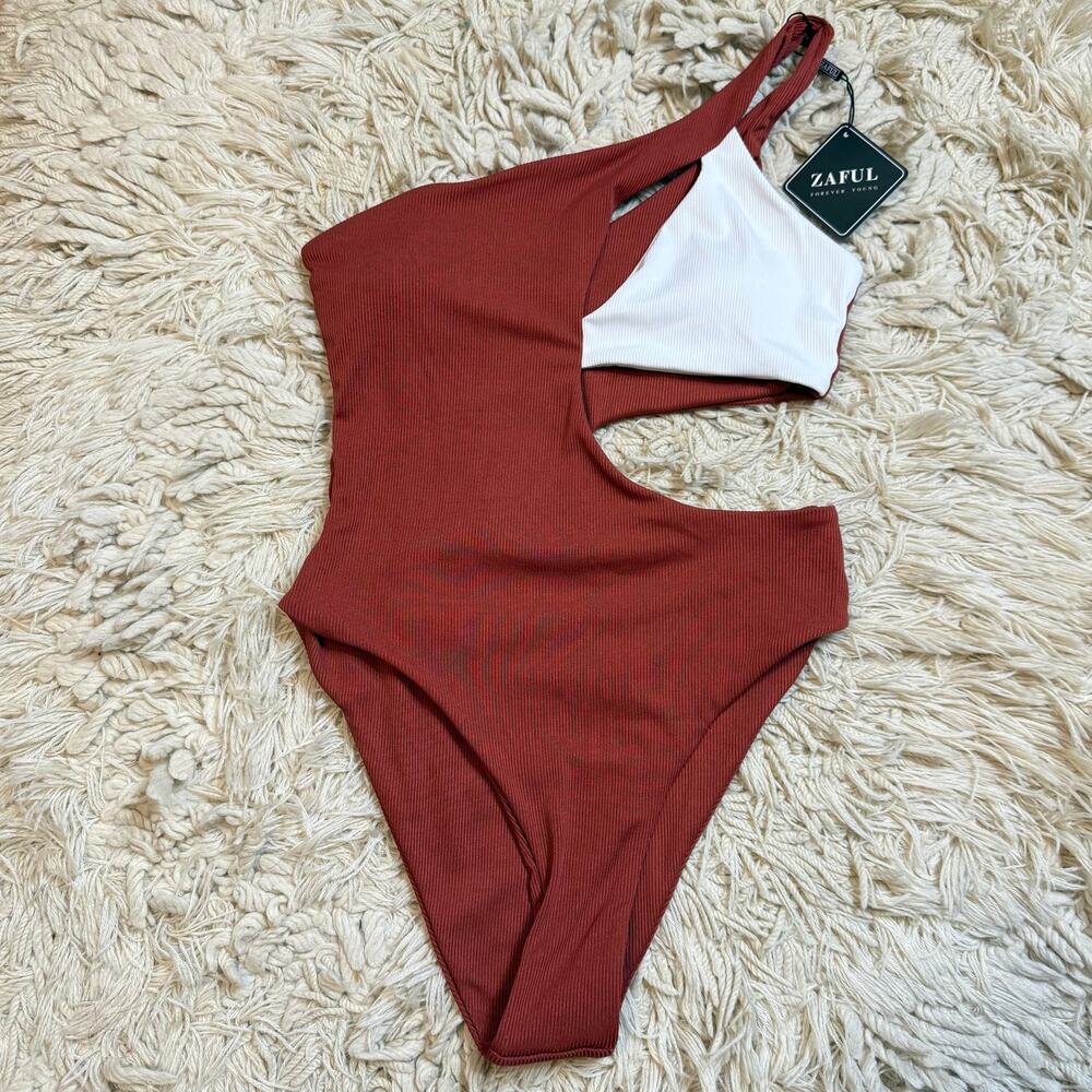 NWT ZAFUL Women's Small One Shoulder Ribbed Bikini Cutout One-Piece Swimsuit